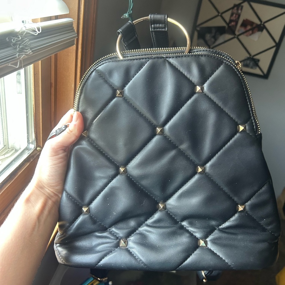 Black and Gold Quilted Leather Backpack with Stud Accents